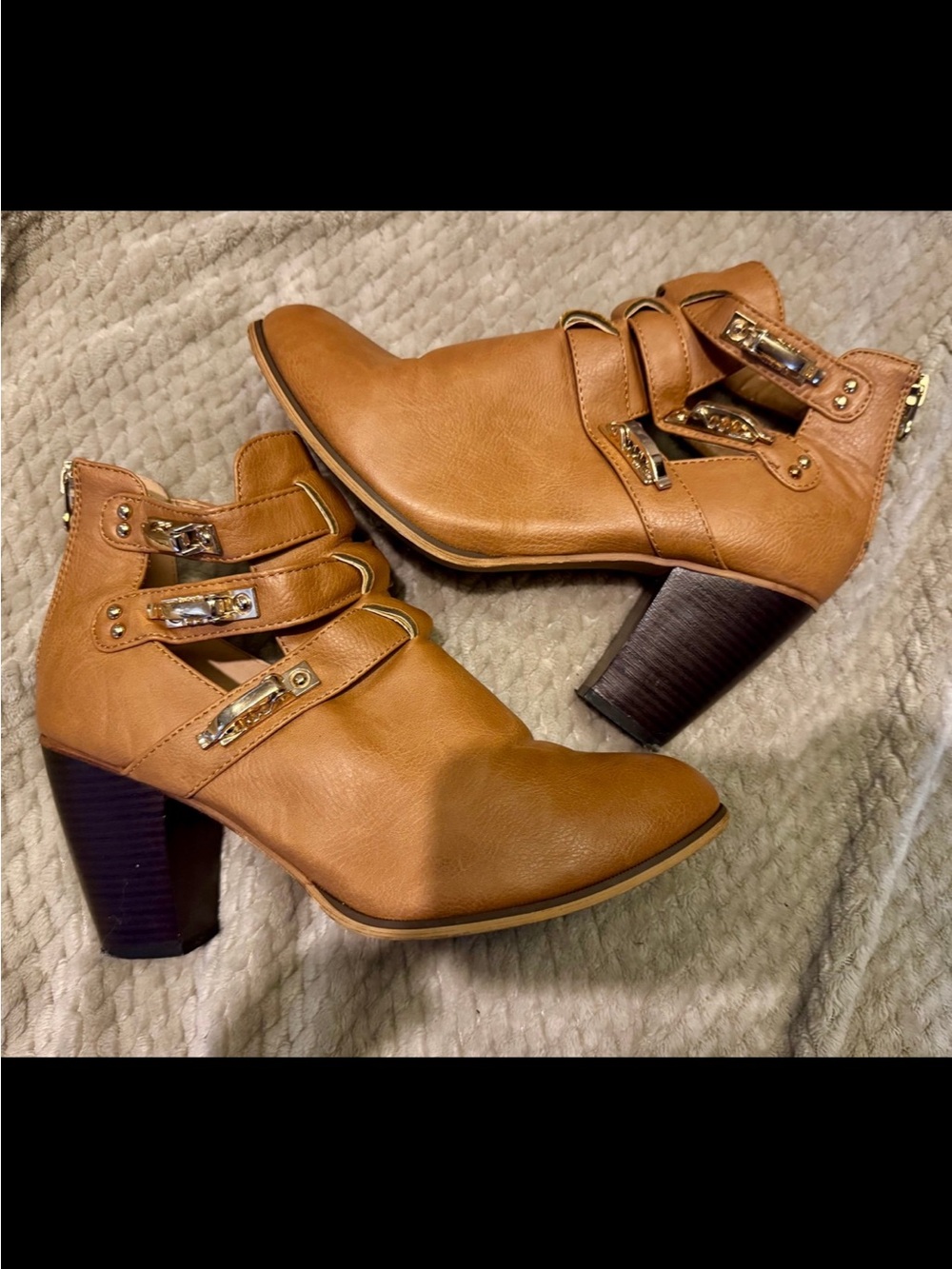 Yoki Tan Cutout Ankle Booties with Gold Buckle Accents